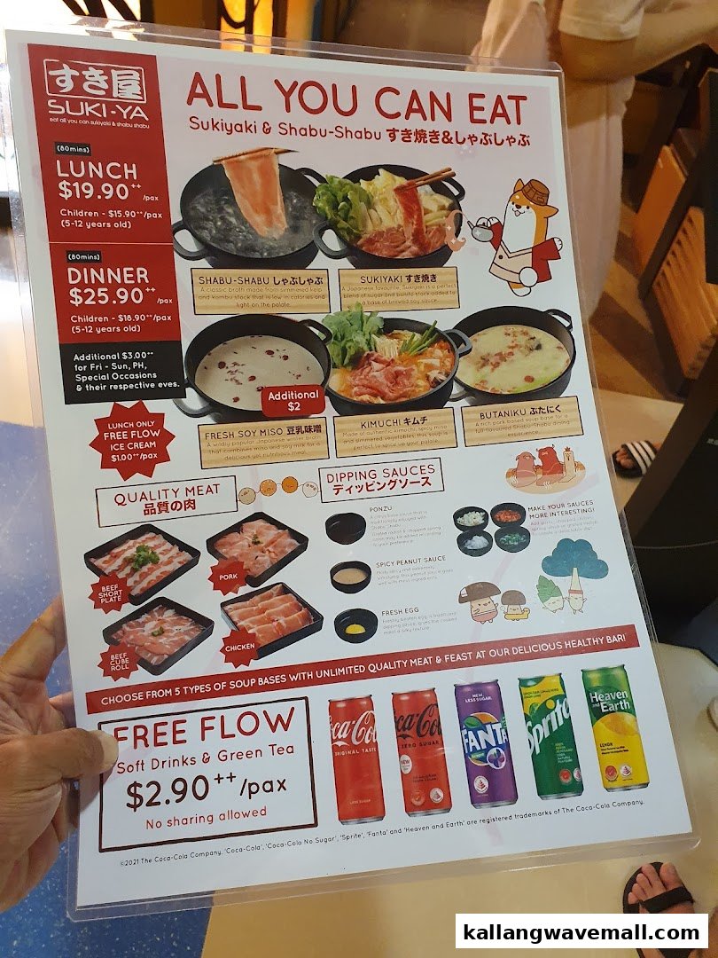 A detailed menu for Suki-Ya's all-you-can-eat sukiyaki and shabu-shabu offerings.