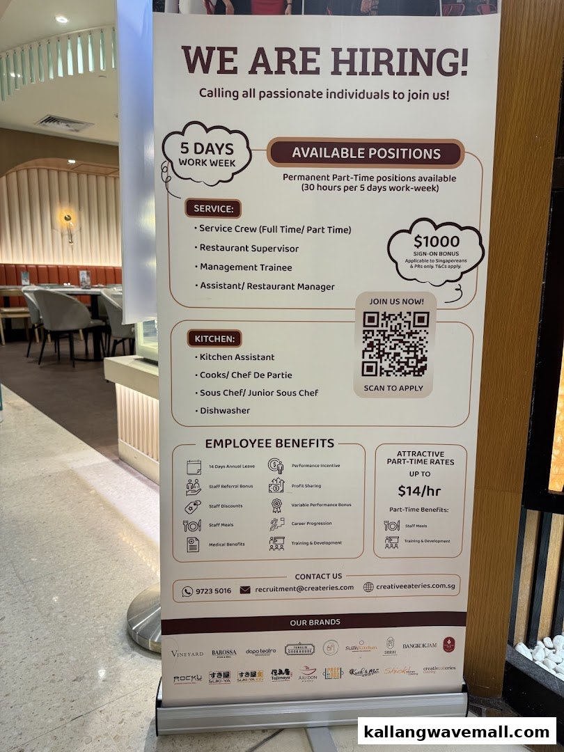 A recruitment banner for Creative Eateries, listing available positions and employee benefits.