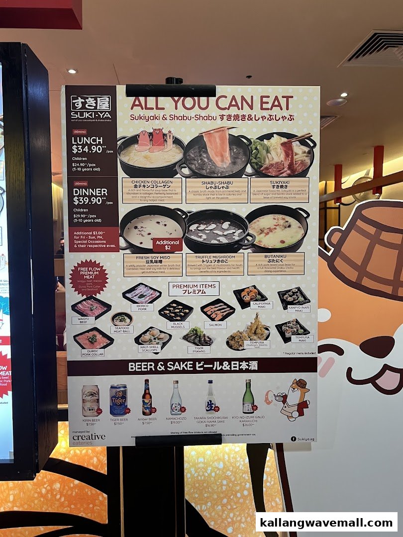 A detailed menu board for Suki-Ya, showcasing all-you-can-eat shabu-shabu and sukiyaki options, premium items, and beverages.