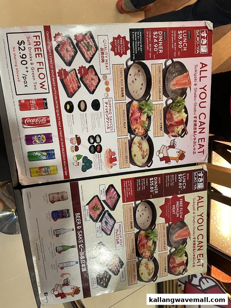 A detailed menu displaying all-you-can-eat shabu-shabu and sukiyaki options, pricing, and drink selections.