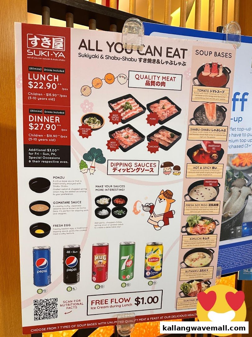 A detailed menu board for Suki-Ya's all-you-can-eat sukiyaki and shabu-shabu offerings, including pricing, meats, soups, and sauces.