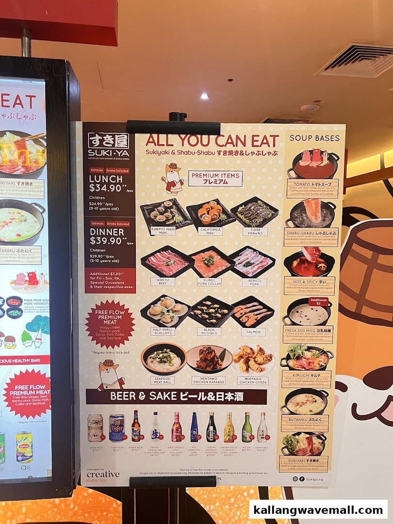 A detailed menu board for Suki-Ya, showcasing 'All You Can Eat' Sukiyaki and Shabu-Shabu options, prices, and premium items.