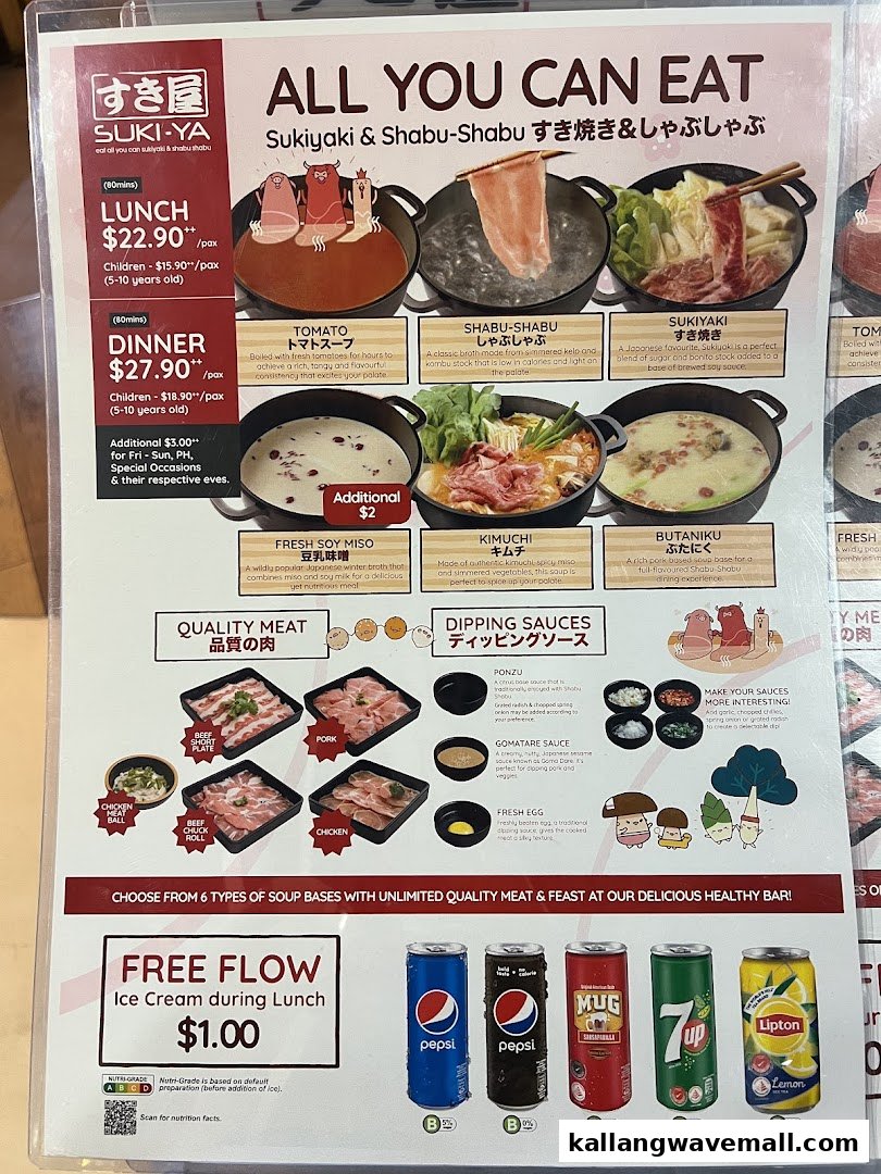 A detailed menu for Suki-Ya's all-you-can-eat sukiyaki and shabu-shabu, featuring pricing, soup bases, meats, and drinks.