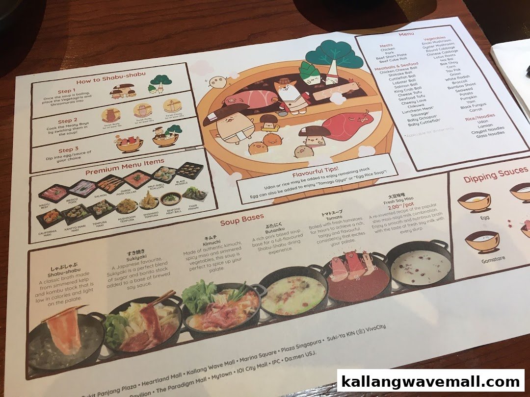 A detailed menu from Suki-Ya All You Can Eat Shabu Shabu, featuring premium items, soup bases, and cooking instructions.