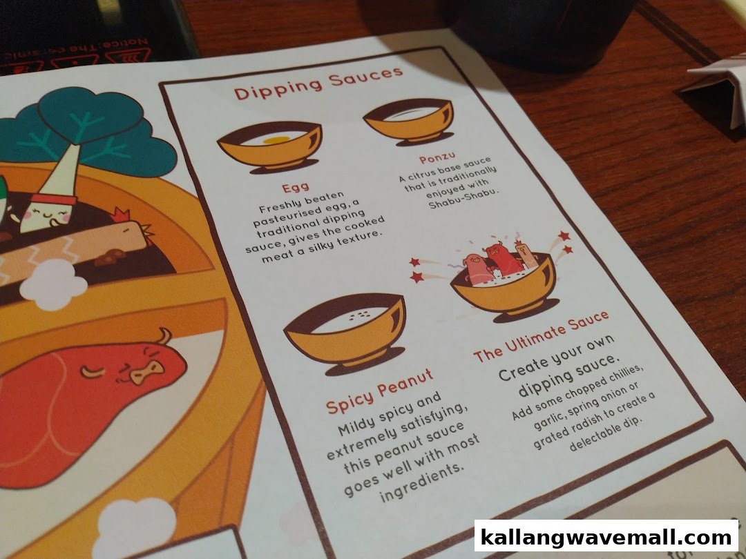 A menu page from Suki-Ya detailing various dipping sauces for shabu-shabu.