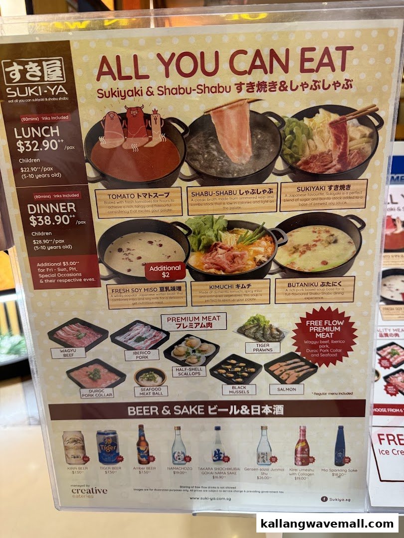 A detailed menu board for Suki-Ya, an all-you-can-eat sukiyaki and shabu-shabu restaurant, displaying prices, soup bases, premium meats, and drinks.