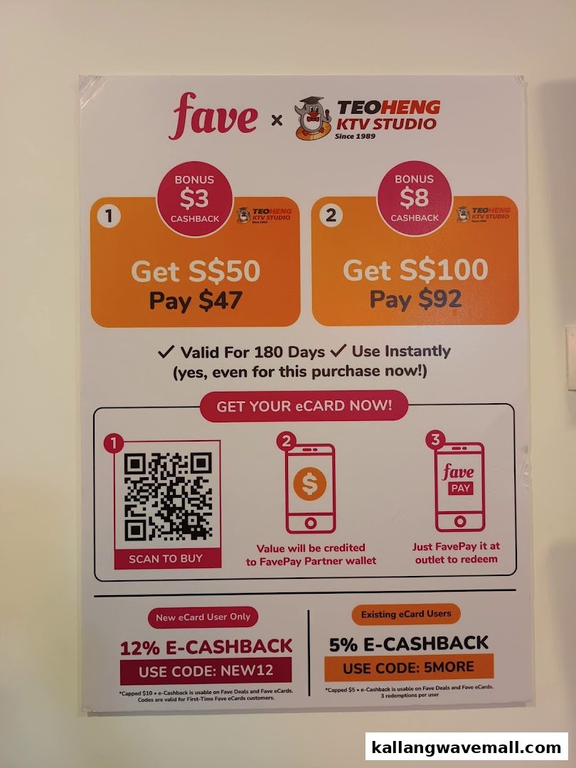 A promotional poster detailing Fave e-card offers and cashback for Teo Heng KTV Studio.
