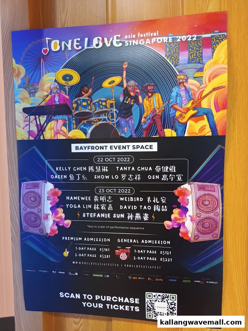 A vibrant poster advertising the One Love Asia Festival Singapore 2022 with artist lineup and ticket prices.
