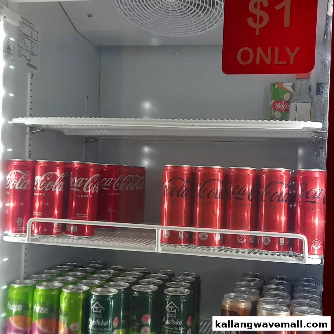 A refrigerator filled with various canned beverages, including Coca-Cola, available for $1.