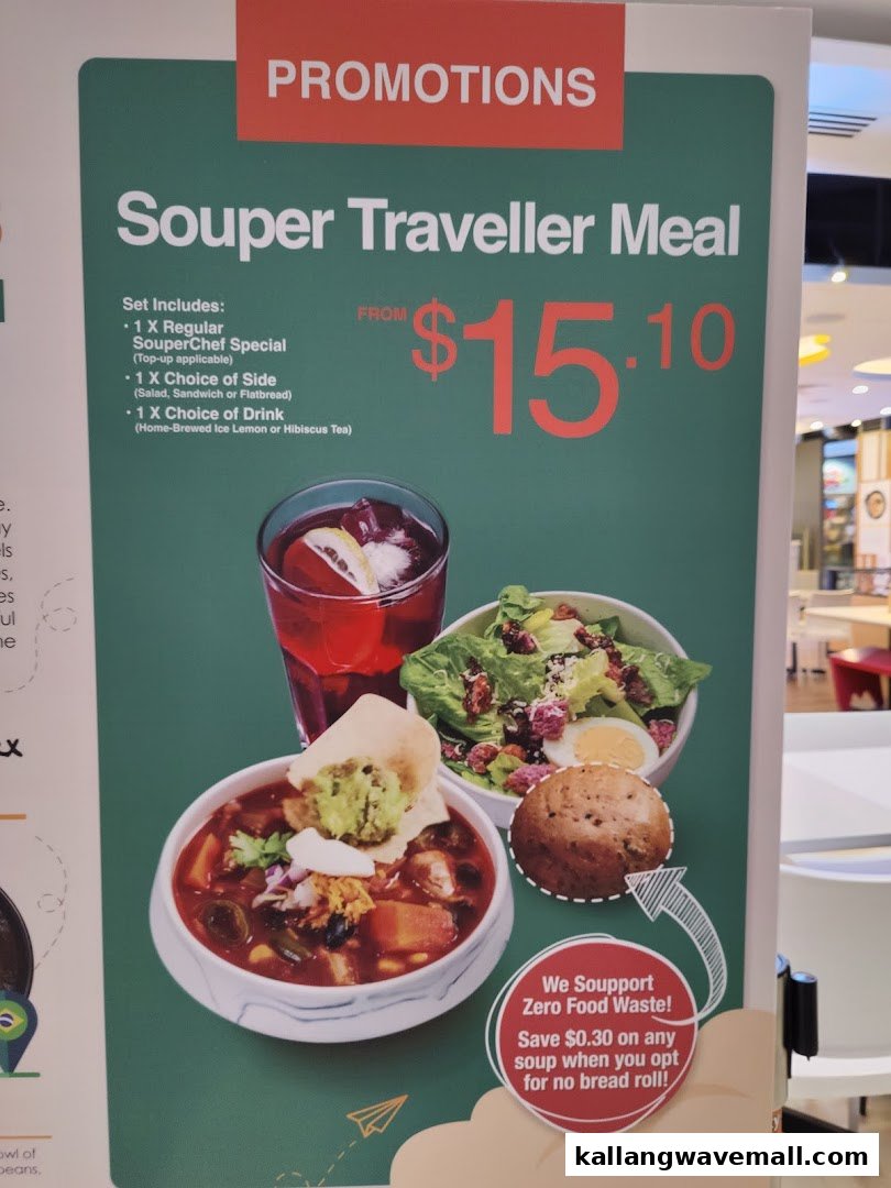 A promotional poster for The Soup Spoon Union's 'Souper Traveller Meal' set, featuring soup, side, and drink.