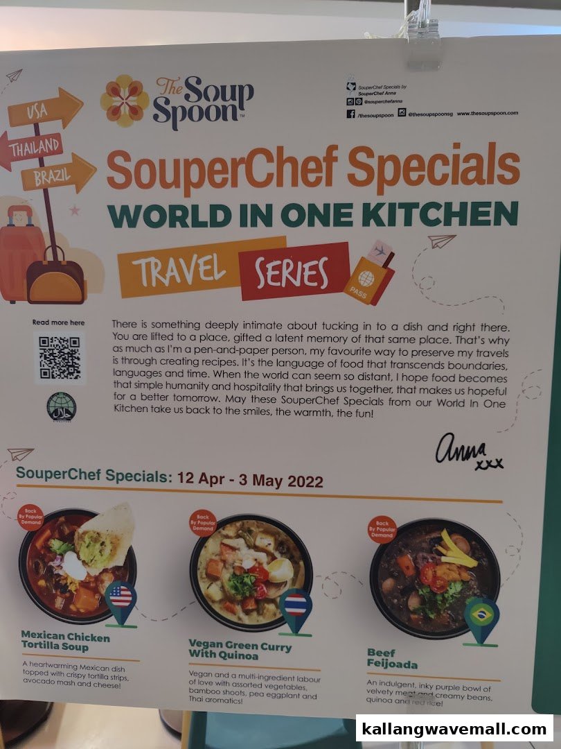 A promotional poster from The Soup Spoon Union featuring 'SouperChef Specials' from their 'World in One Kitchen Travel Series'.