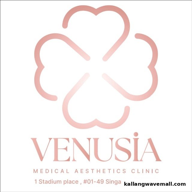 Logo and address for Venusia Medical Aesthetics Clinic, featuring a rose gold heart-shaped emblem.