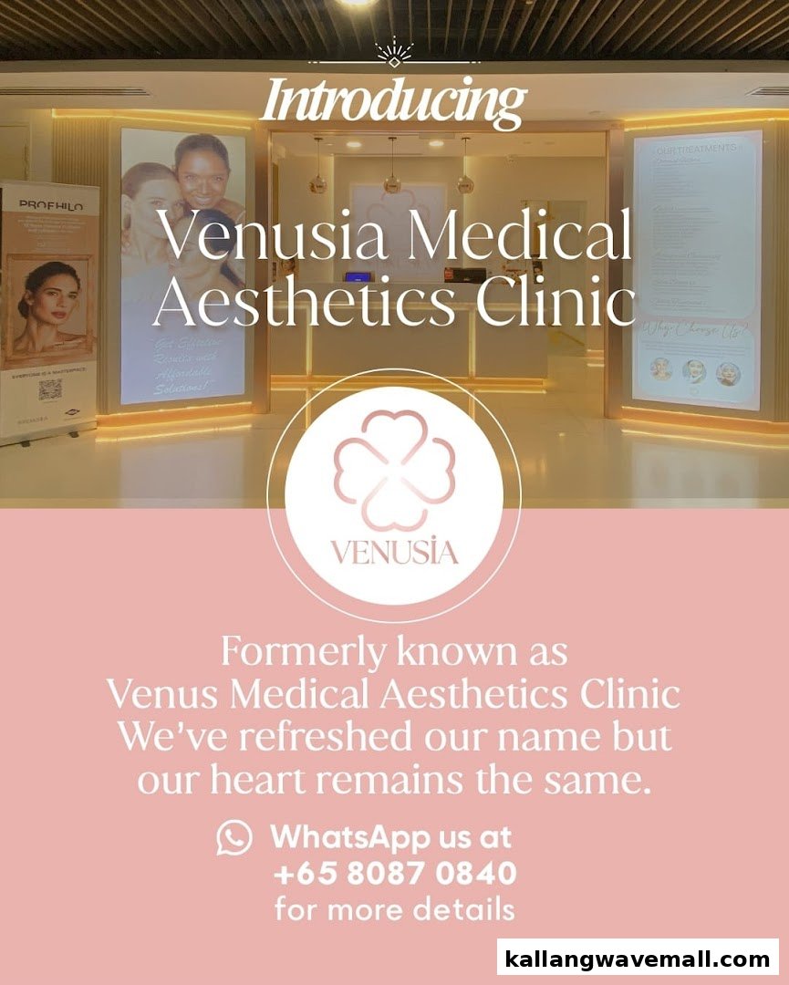 Interior view of Venusia Medical Aesthetics Clinic, showcasing its modern reception area and promotional displays.