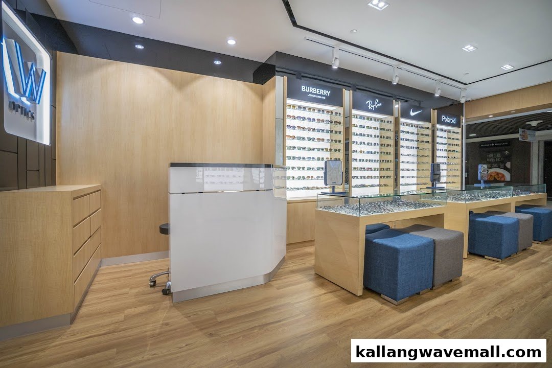 Interior view of W Optics, showcasing a modern reception area and extensive eyewear displays.