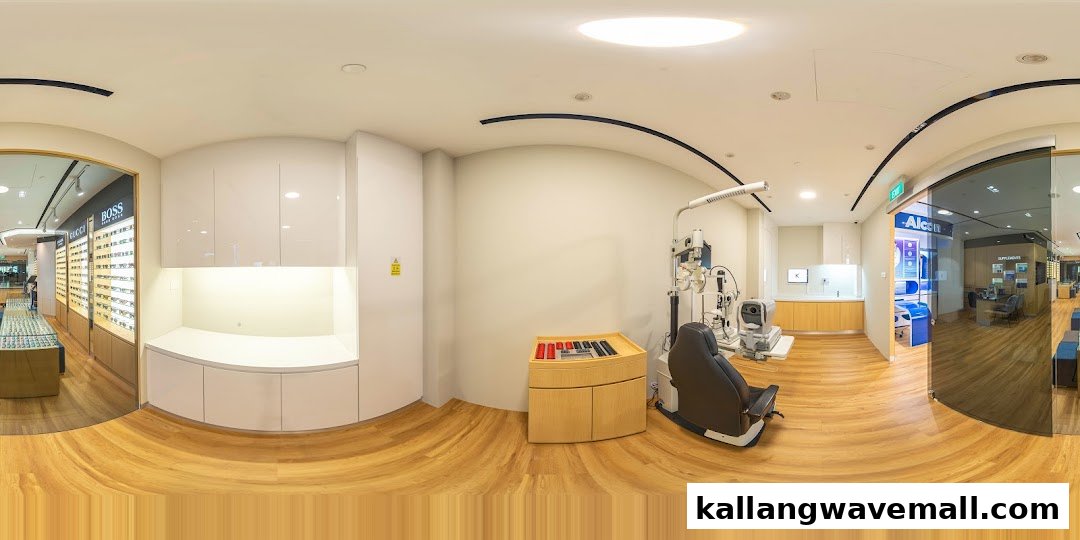 Interior view of W Optics, featuring eyewear displays, an eye examination room, and a consultation area.