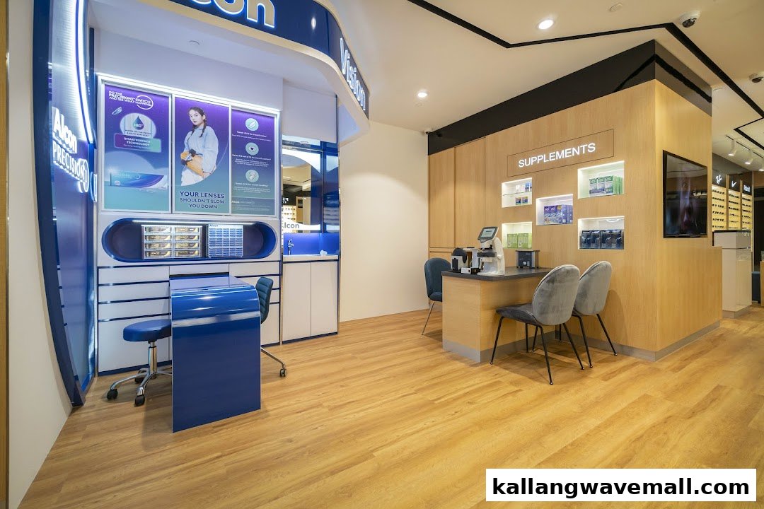 Interior view of W Optics, featuring contact lens displays, a consultation area, and eye care product shelves.