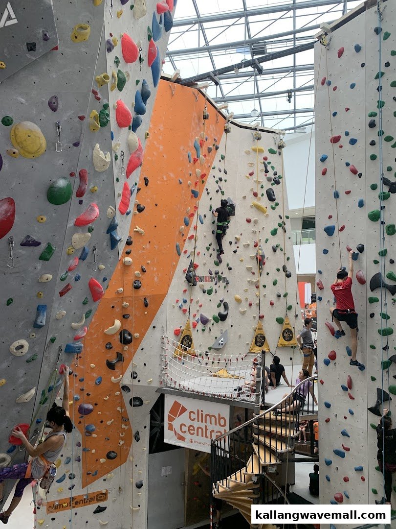 An indoor climbing gym with multiple colorful walls and people actively engaged in rock climbing.