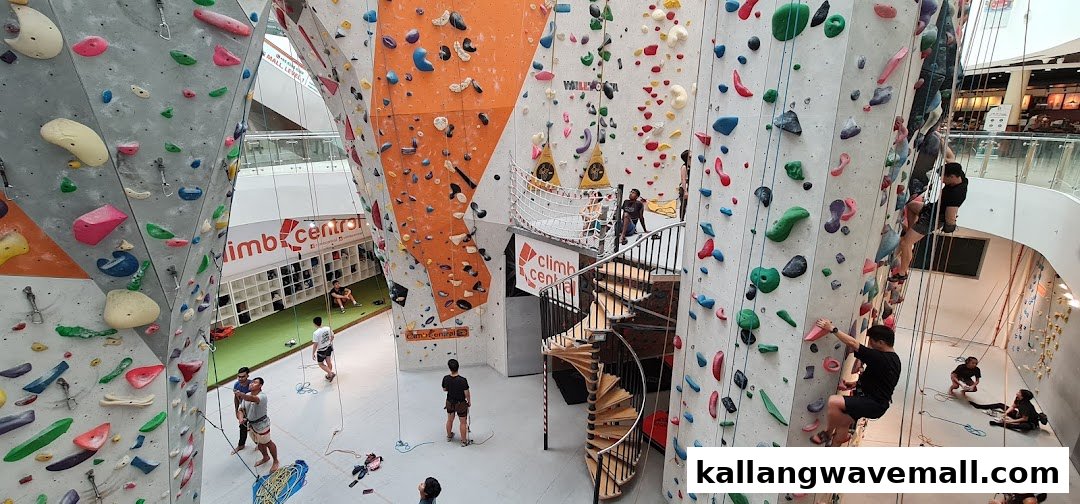 People actively climbing on colorful indoor rock walls at Walltopia Climb Central, showcasing the facility's vibrant interior.