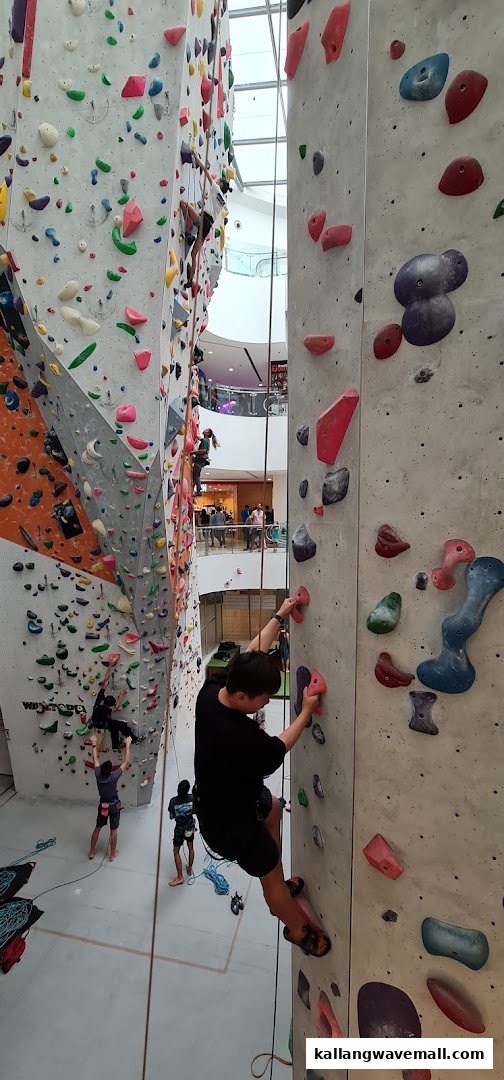 People are actively engaged in indoor rock climbing on tall, colorful walls within a modern facility.