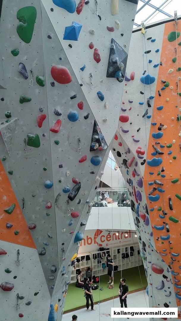 Multiple colorful climbing walls with climbers and staff visible in a modern indoor climbing gym.