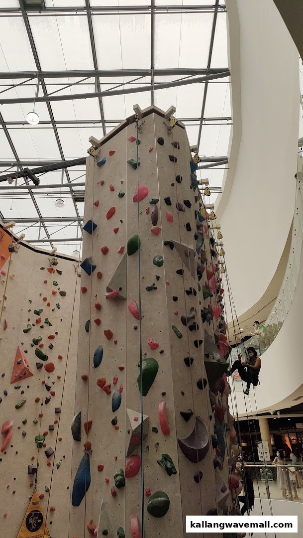 An indoor climbing wall with colorful holds and a person rappelling down, inside a mall.