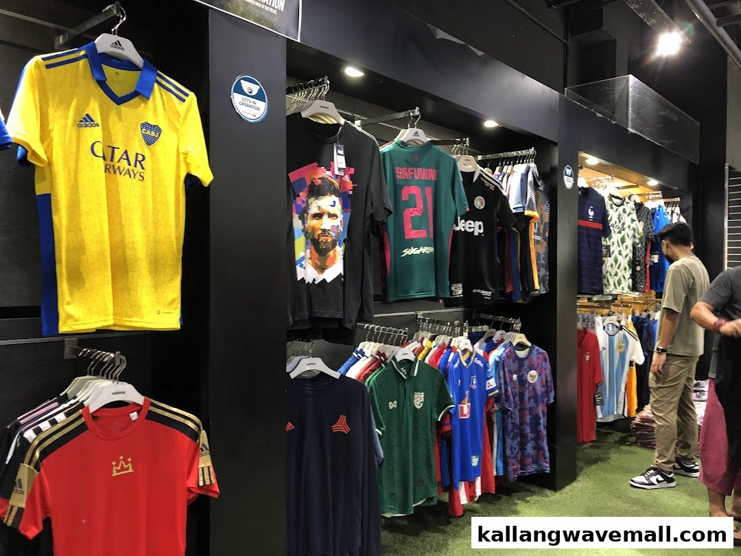 Interior view of Weston Corp, a sports apparel store, showcasing a wide selection of football jerseys and fan merchandise.