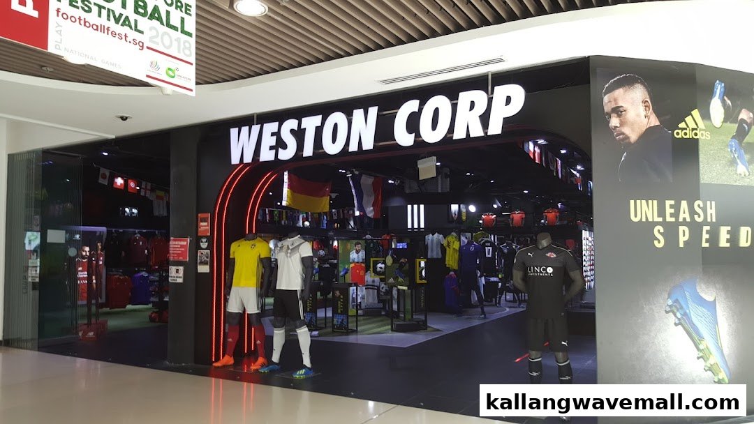 The vibrant storefront of Weston Corp, a sports retail shop, featuring mannequins displaying athletic apparel and gear.