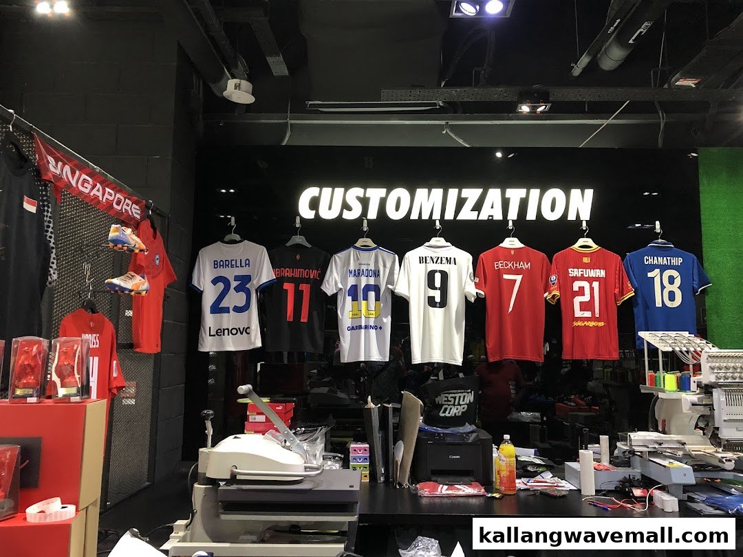 An interior shot of Weston Corp's customization area, featuring sports jerseys with famous player names and numbers.