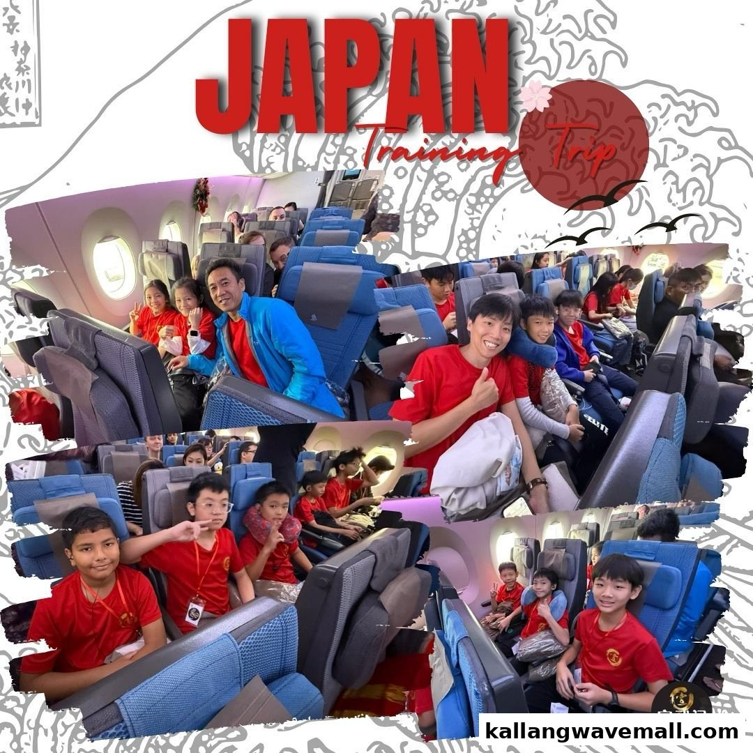 Collage of children and adults on an airplane, likely for a Japan training trip.