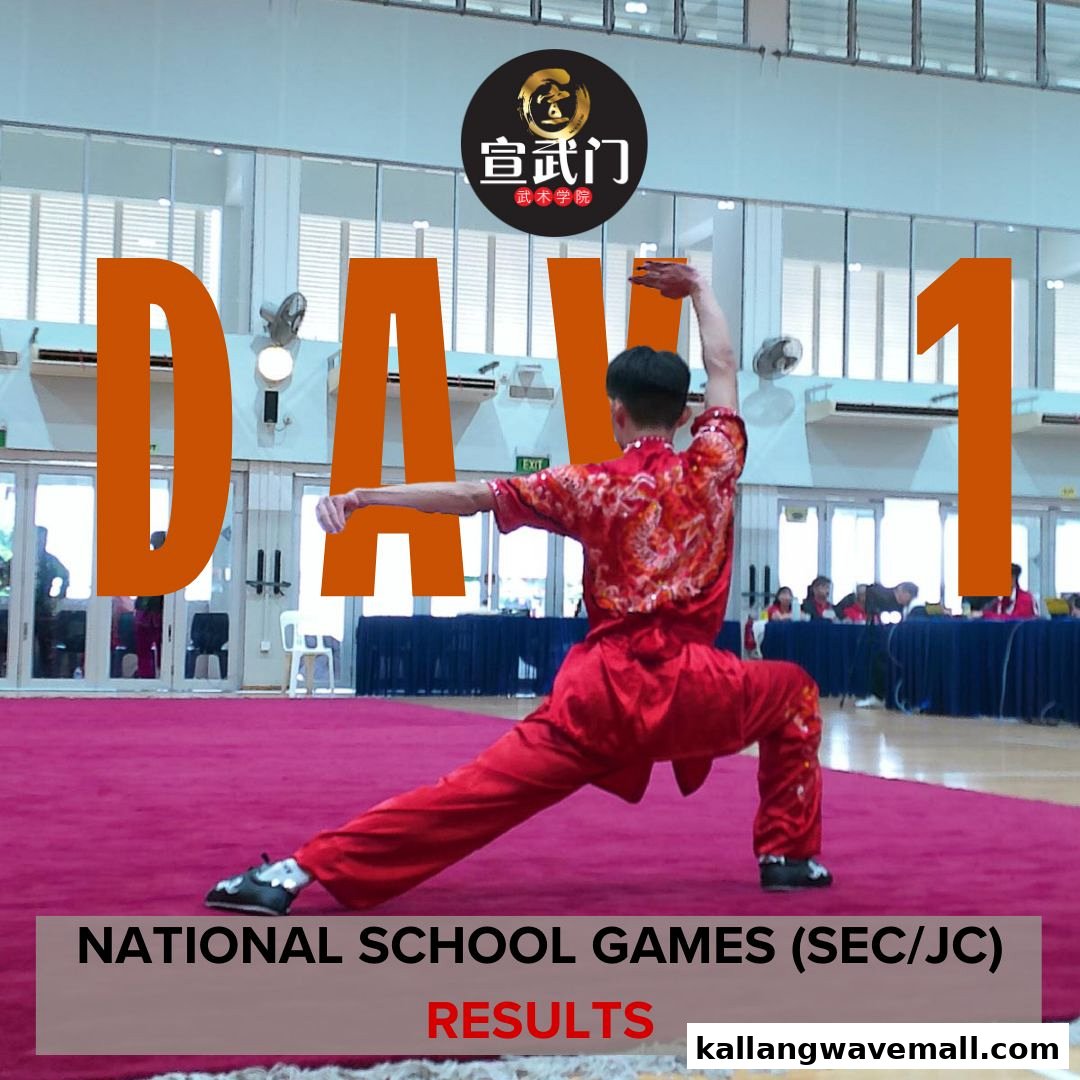A martial artist in red performs on a mat during the National School Games, with 'DAY 1' overlay.