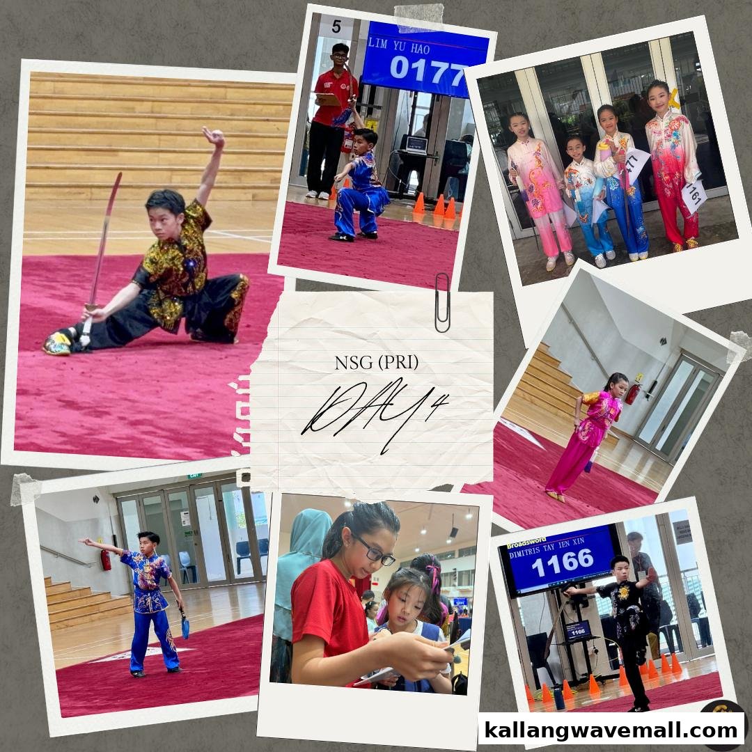 A collage of photos showcasing children participating in Wushu/Kung Fu performances and competitions.