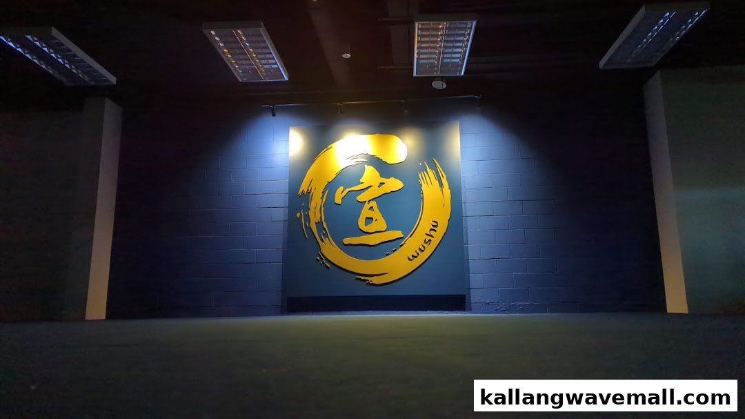 A large illuminated gold and blue wushu logo on a dark brick wall inside Xuan Sports.