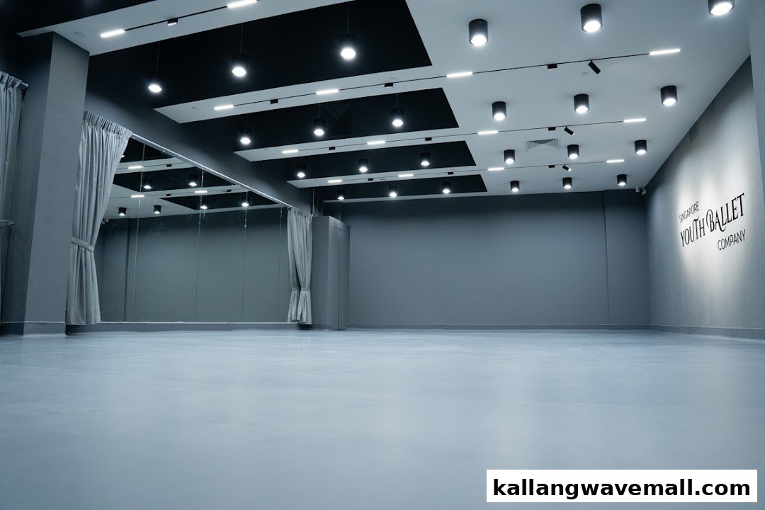 A spacious, modern ballet studio with mirrors, grey walls, and contemporary lighting.