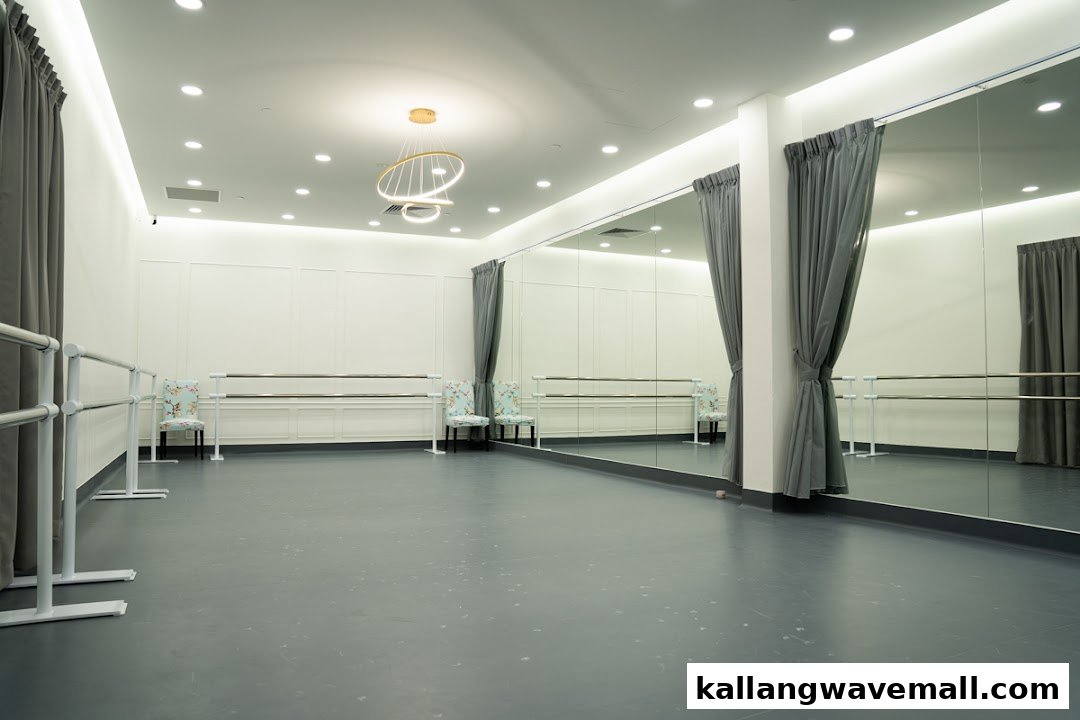 A bright, spacious ballet studio with mirrors, barres, and elegant lighting.