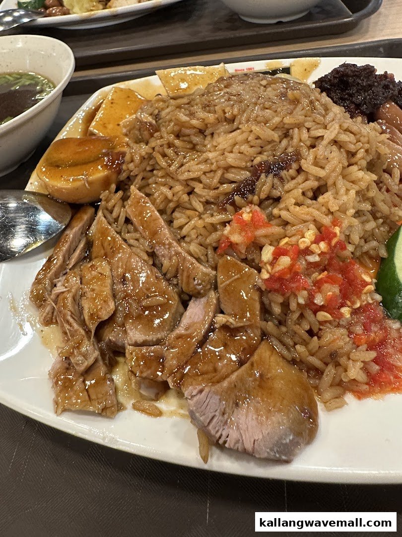 A close-up of a plate of braised duck rice with chili, braised egg, and tofu.