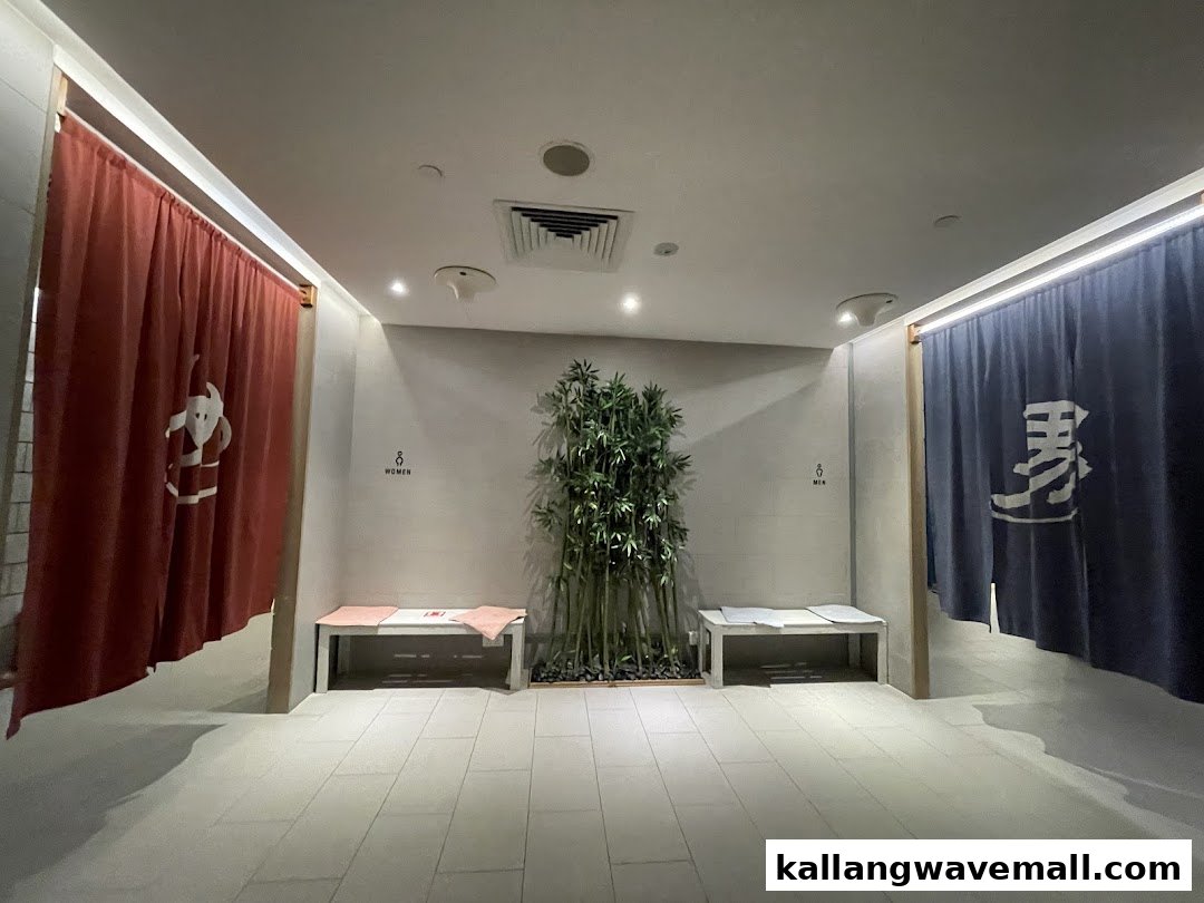 A serene spa changing area entrance with traditional noren curtains and bamboo decor.