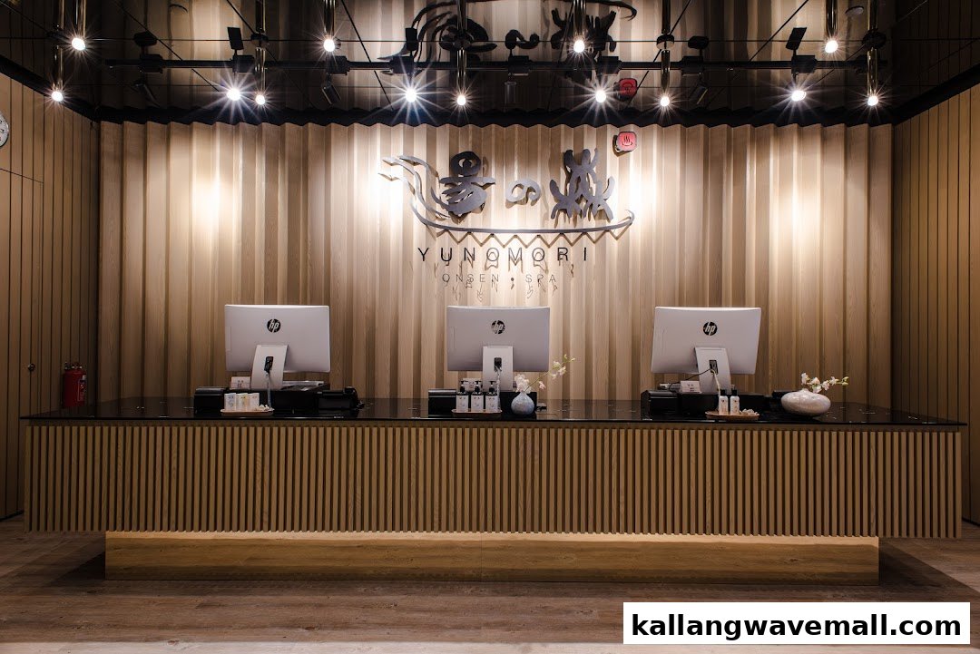Modern and inviting reception area of Yunomori Onsen & Spa with multiple service counters.