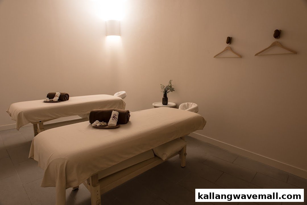 A serene spa treatment room featuring two massage beds, ready for relaxation.