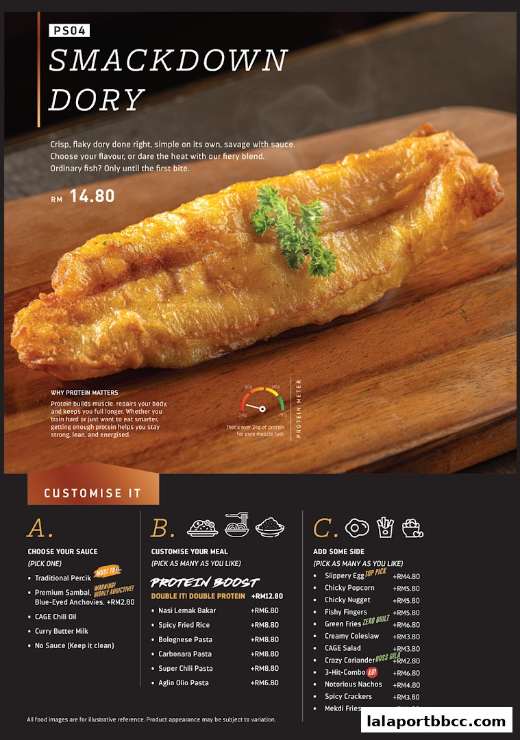 A menu showcasing the 'Smackdown Dory' dish with customization options and protein information.