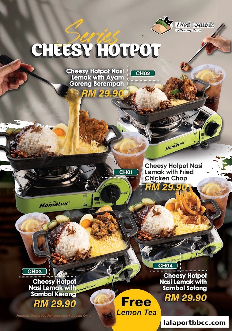 A promotional image showcasing various Cheesy Hotpot Nasi Lemak dishes with prices and a free lemon tea offer.