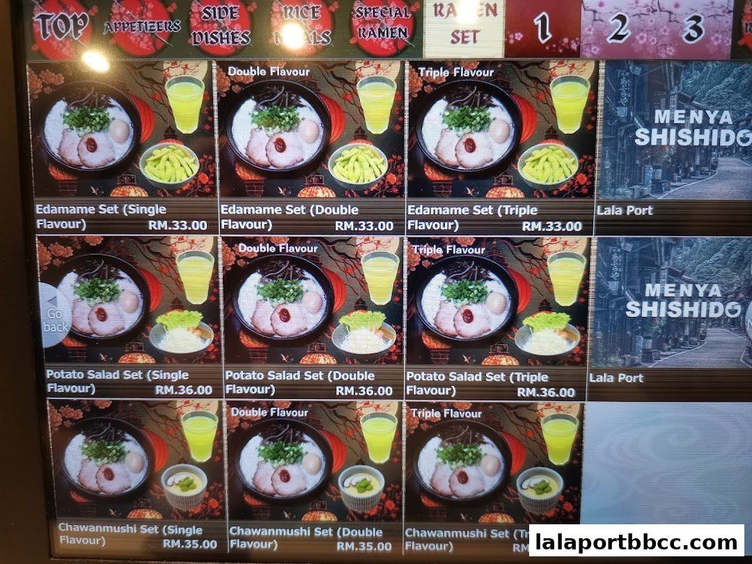 A digital menu displaying various ramen sets with prices and images.