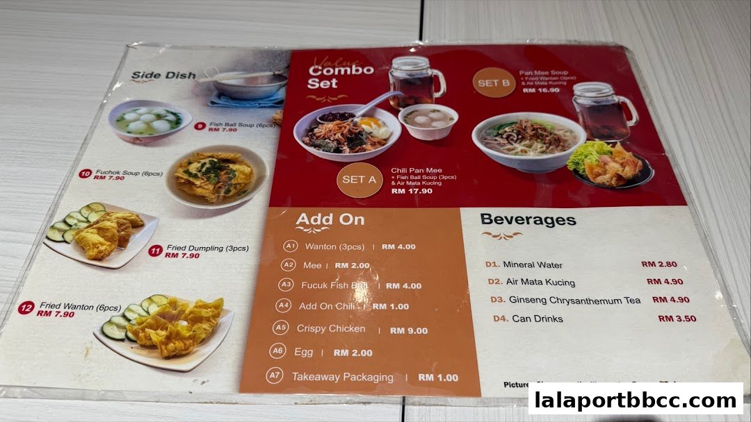 A menu from JJ Chili Pan Mee LaLaport BBCC featuring combo sets, side dishes, add-ons, and beverages.