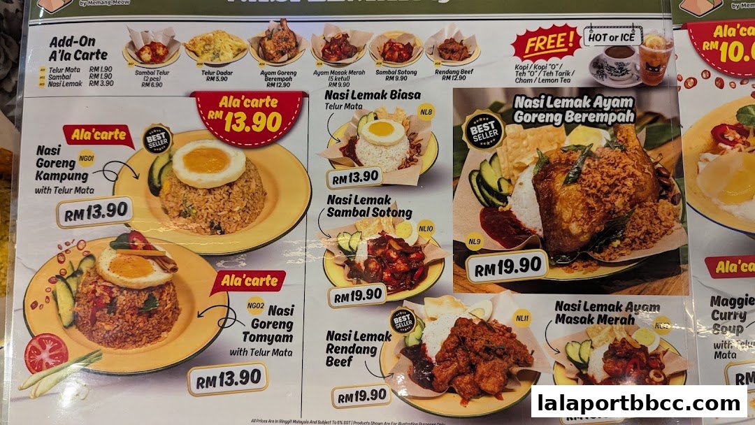 A menu showcasing various Nasi Lemak dishes and add-ons with prices.