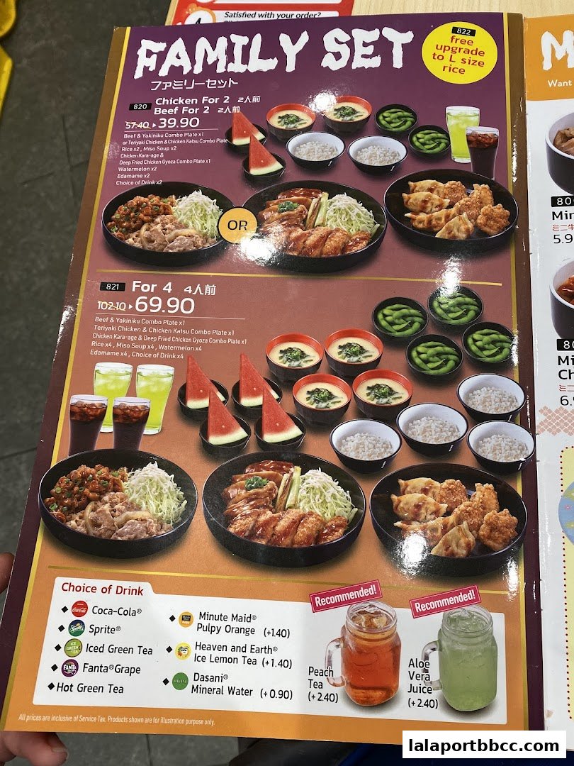 A menu showcasing Sukiya's Family Sets with various Japanese dishes and drink options.