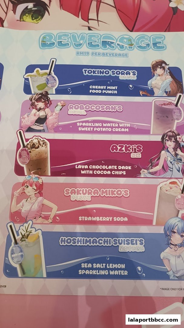 A menu featuring anime-themed beverages with character names and descriptions.