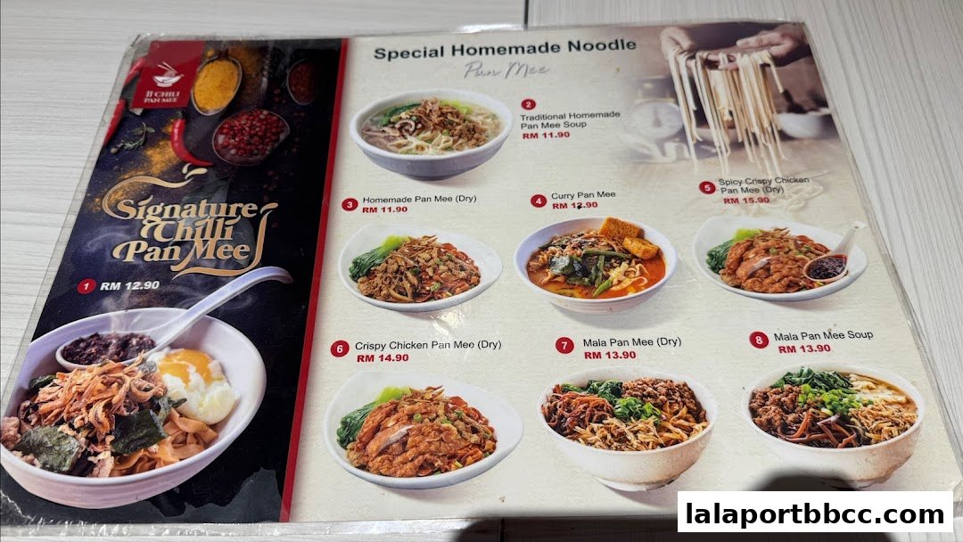 A menu showcasing various Pan Mee noodle dishes with prices and enticing images.