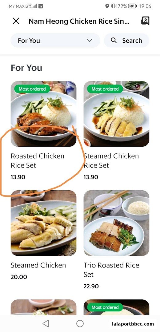 A display of various chicken rice sets offered by Nam Heong Chicken Rice.