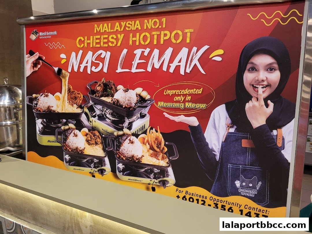 A vibrant advertisement for Nasi Lemak Cheesy Hotpot, featuring delicious food and a smiling model.