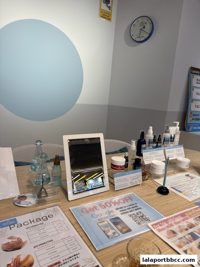 A table displaying beauty packages, products, and a promotion for Google reviews at IKUKO JAPAN BEAUTY.