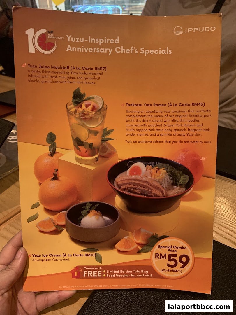 A menu featuring IPPUDO's 10th Anniversary Yuzu-Inspired Chef's Specials.